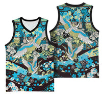 Japanese Hawaiian Crane Basketball Jersey Blue Tapa Patchwork Pattern