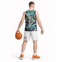 Japanese Hawaiian Crane Basketball Jersey Blue Tapa Patchwork Pattern