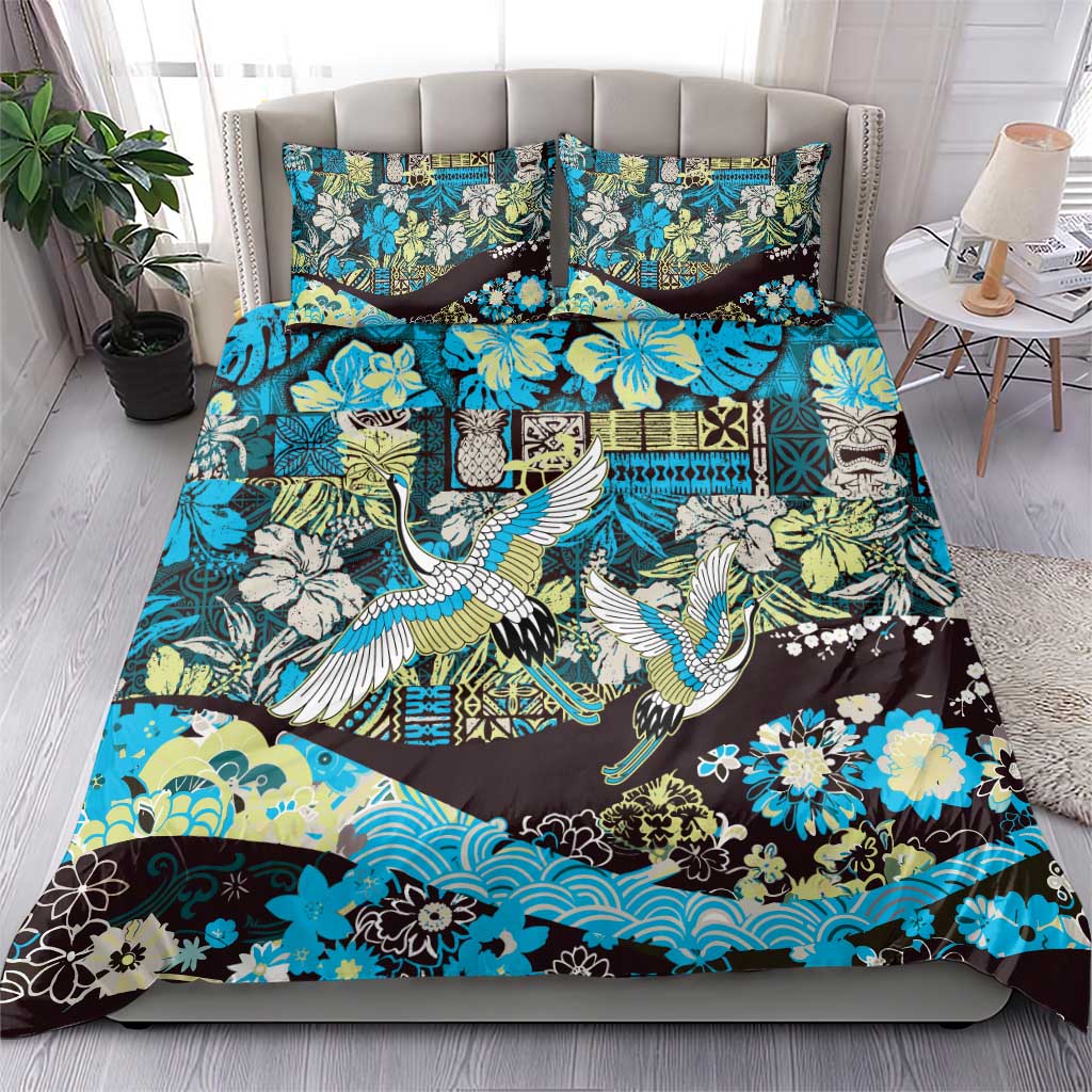 Japanese Hawaiian Crane Bedding Set Blue Tapa Patchwork Pattern
