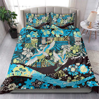 Japanese Hawaiian Crane Bedding Set Blue Tapa Patchwork Pattern