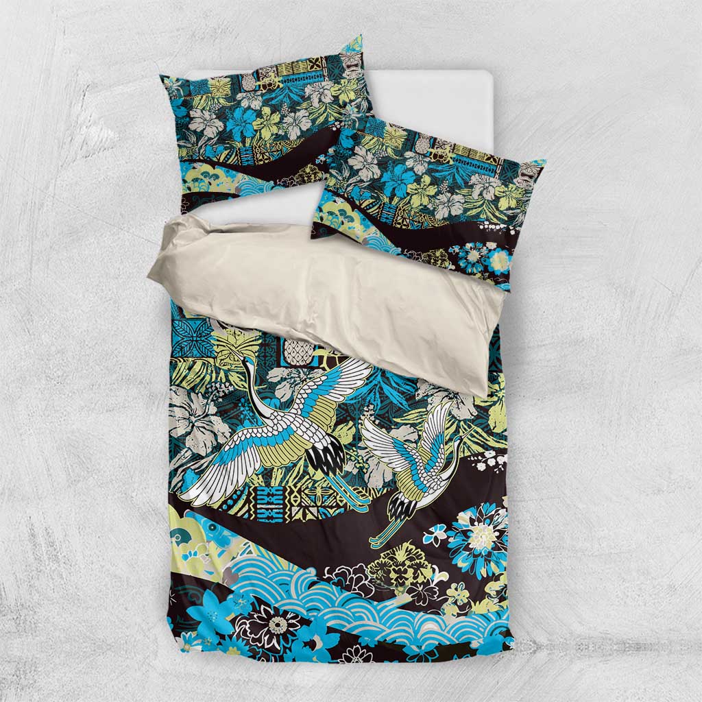 Japanese Hawaiian Crane Bedding Set Blue Tapa Patchwork Pattern