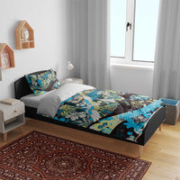 Japanese Hawaiian Crane Bedding Set Blue Tapa Patchwork Pattern