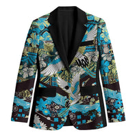 Japanese Hawaiian Crane Blazer Blue Tapa Patchwork Pattern