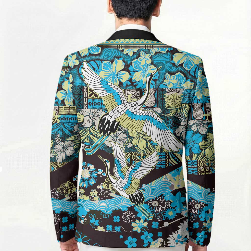 Japanese Hawaiian Crane Blazer Blue Tapa Patchwork Pattern