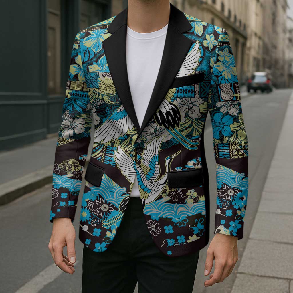 Japanese Hawaiian Crane Blazer Blue Tapa Patchwork Pattern