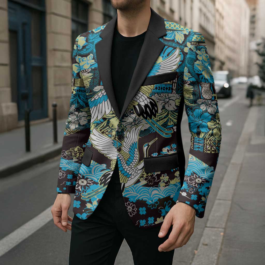 Japanese Hawaiian Crane Blazer Blue Tapa Patchwork Pattern