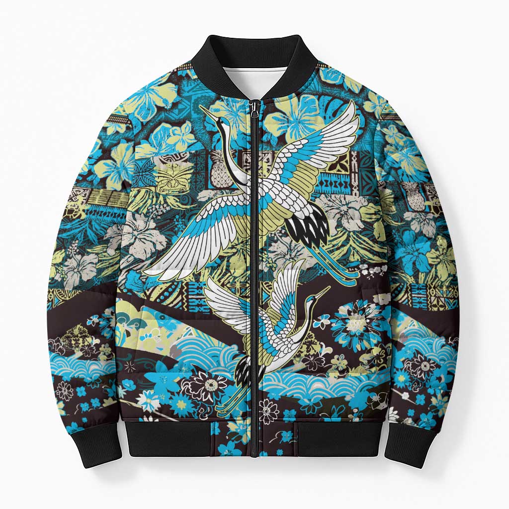 Japanese Hawaiian Crane Bomber Puffer Jacket Blue Tapa Patchwork Pattern