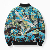 Japanese Hawaiian Crane Bomber Puffer Jacket Blue Tapa Patchwork Pattern