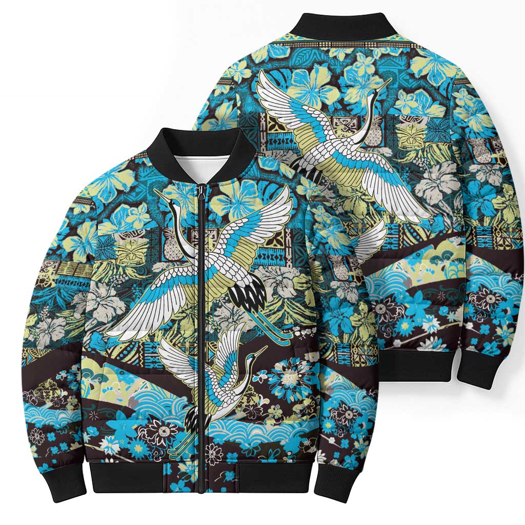 Japanese Hawaiian Crane Bomber Puffer Jacket Blue Tapa Patchwork Pattern