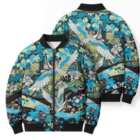 Japanese Hawaiian Crane Bomber Puffer Jacket Blue Tapa Patchwork Pattern