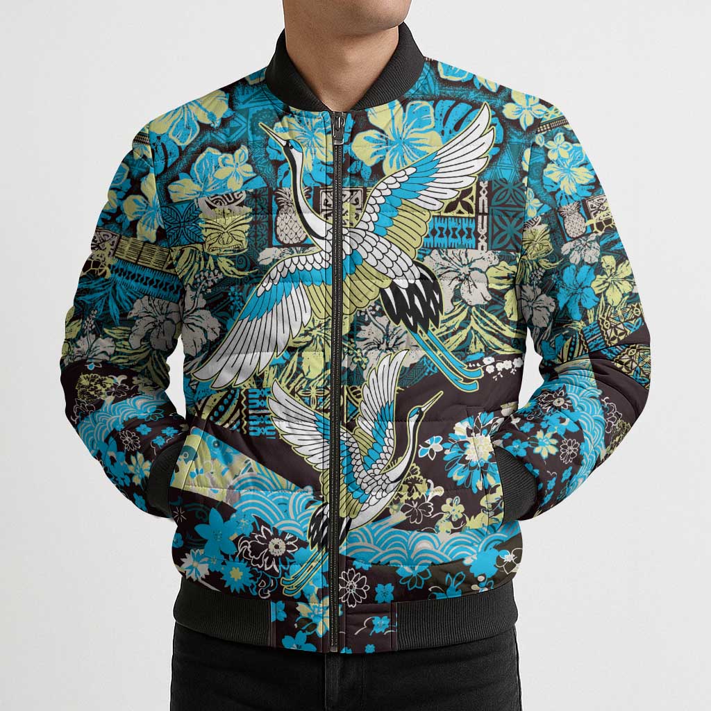 Japanese Hawaiian Crane Bomber Puffer Jacket Blue Tapa Patchwork Pattern