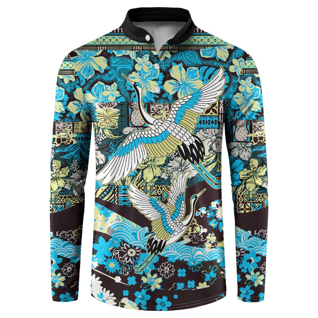 Japanese Hawaiian Crane Button Sweatshirt Blue Tapa Patchwork Pattern