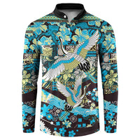 Japanese Hawaiian Crane Button Sweatshirt Blue Tapa Patchwork Pattern