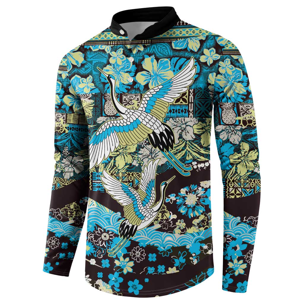 Japanese Hawaiian Crane Button Sweatshirt Blue Tapa Patchwork Pattern