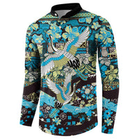 Japanese Hawaiian Crane Button Sweatshirt Blue Tapa Patchwork Pattern