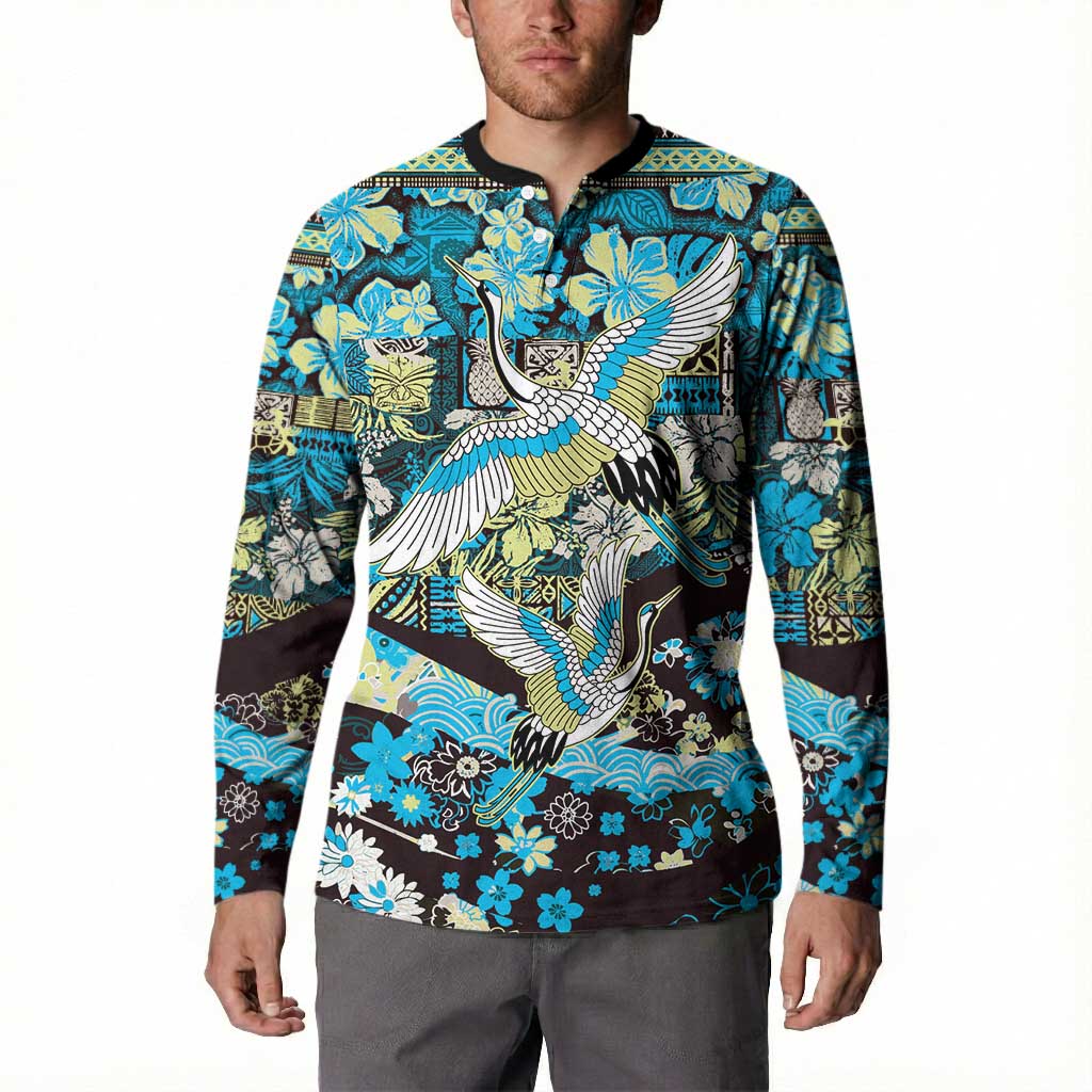 Japanese Hawaiian Crane Button Sweatshirt Blue Tapa Patchwork Pattern