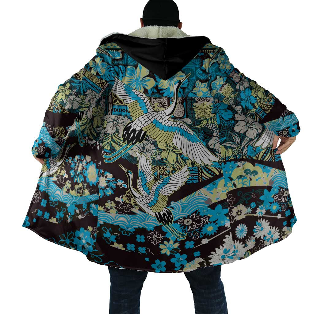 Japanese Hawaiian Crane Cloak Blue Tapa Patchwork Pattern