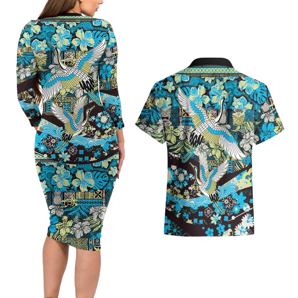 Japanese Hawaiian Crane Couples Matching Long Sleeve Bodycon Dress and Hawaiian Shirt Blue Tapa Patchwork Pattern