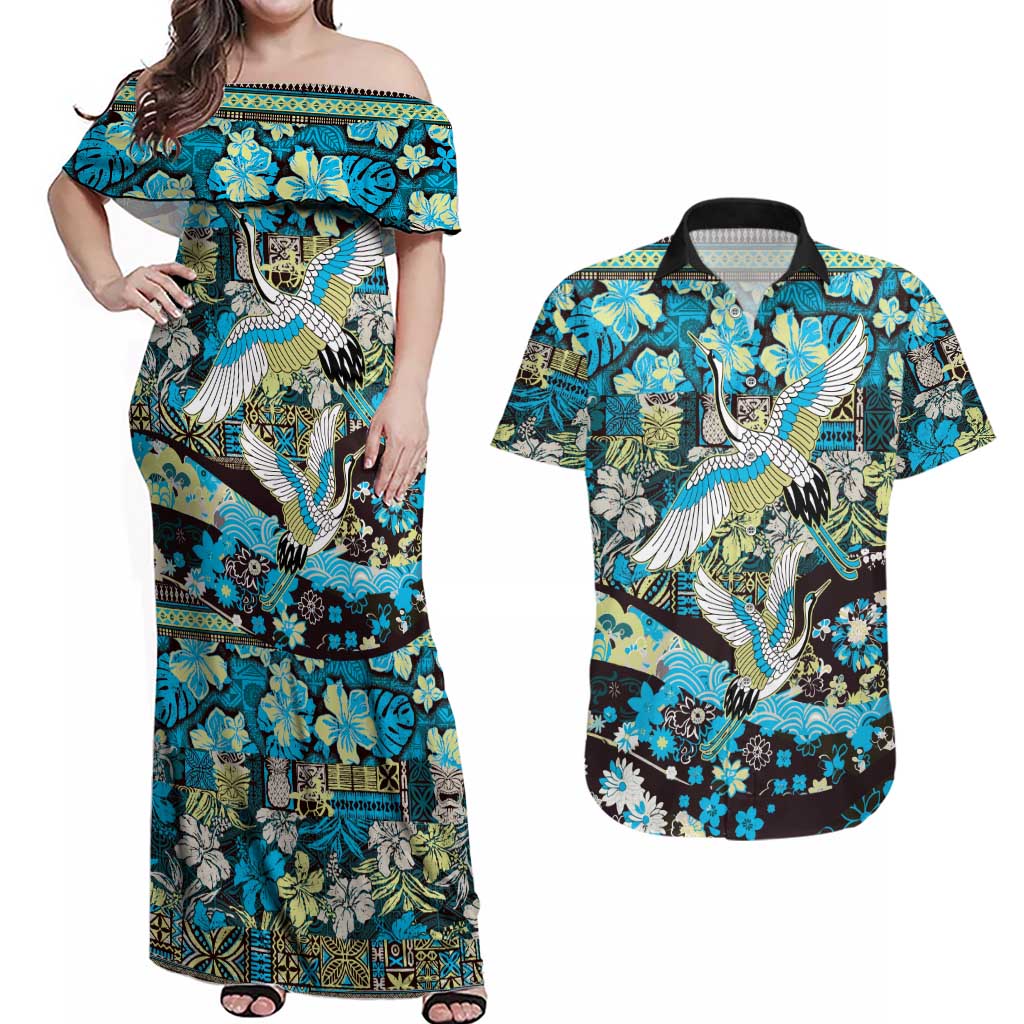 Japanese Hawaiian Crane Couples Matching Off Shoulder Maxi Dress and Hawaiian Shirt Blue Tapa Patchwork Pattern