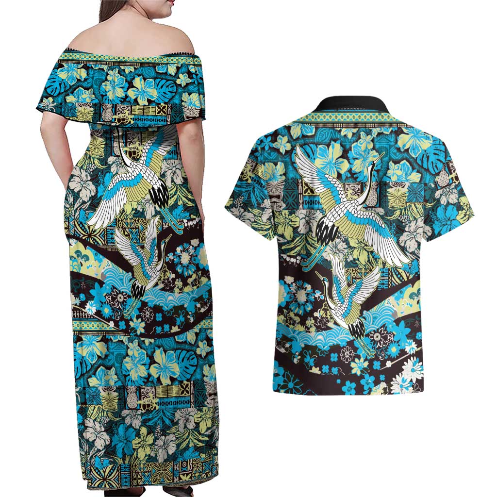 Japanese Hawaiian Crane Couples Matching Off Shoulder Maxi Dress and Hawaiian Shirt Blue Tapa Patchwork Pattern
