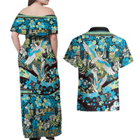 Japanese Hawaiian Crane Couples Matching Off Shoulder Maxi Dress and Hawaiian Shirt Blue Tapa Patchwork Pattern