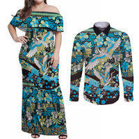 Japanese Hawaiian Crane Couples Matching Off Shoulder Maxi Dress and Long Sleeve Button Shirt Blue Tapa Patchwork Pattern