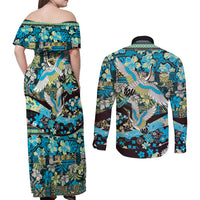 Japanese Hawaiian Crane Couples Matching Off Shoulder Maxi Dress and Long Sleeve Button Shirt Blue Tapa Patchwork Pattern