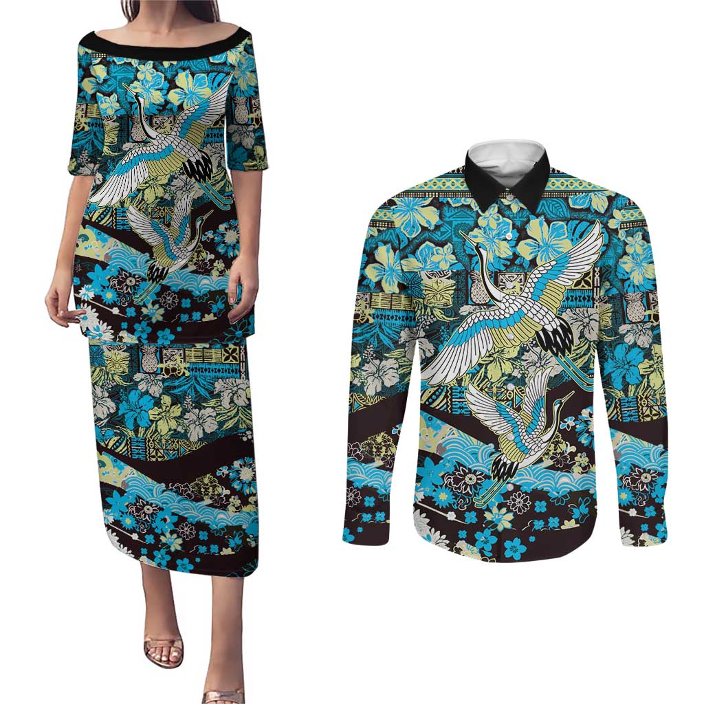 Japanese Hawaiian Crane Couples Matching Puletasi and Long Sleeve Button Shirt Blue Tapa Patchwork Pattern