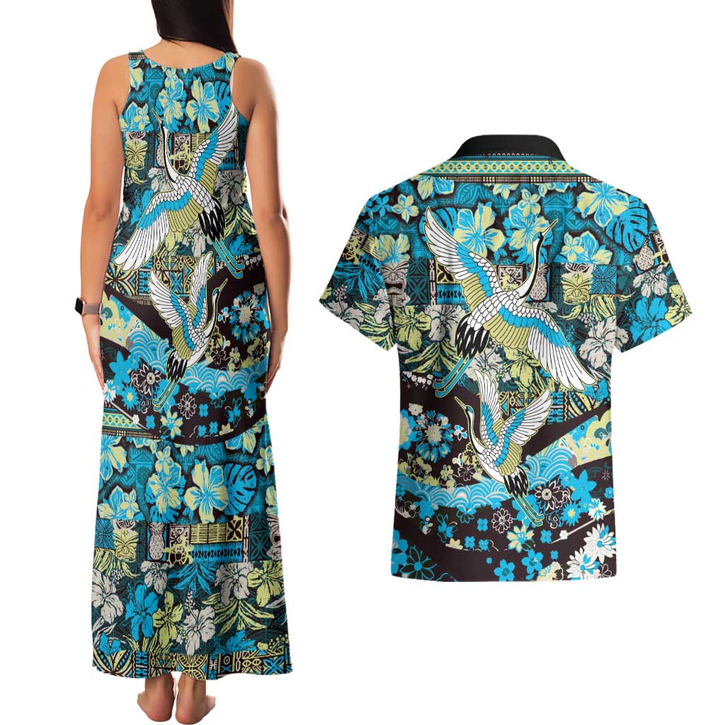 Japanese Hawaiian Crane Couples Matching Tank Maxi Dress and Hawaiian Shirt Blue Tapa Patchwork Pattern