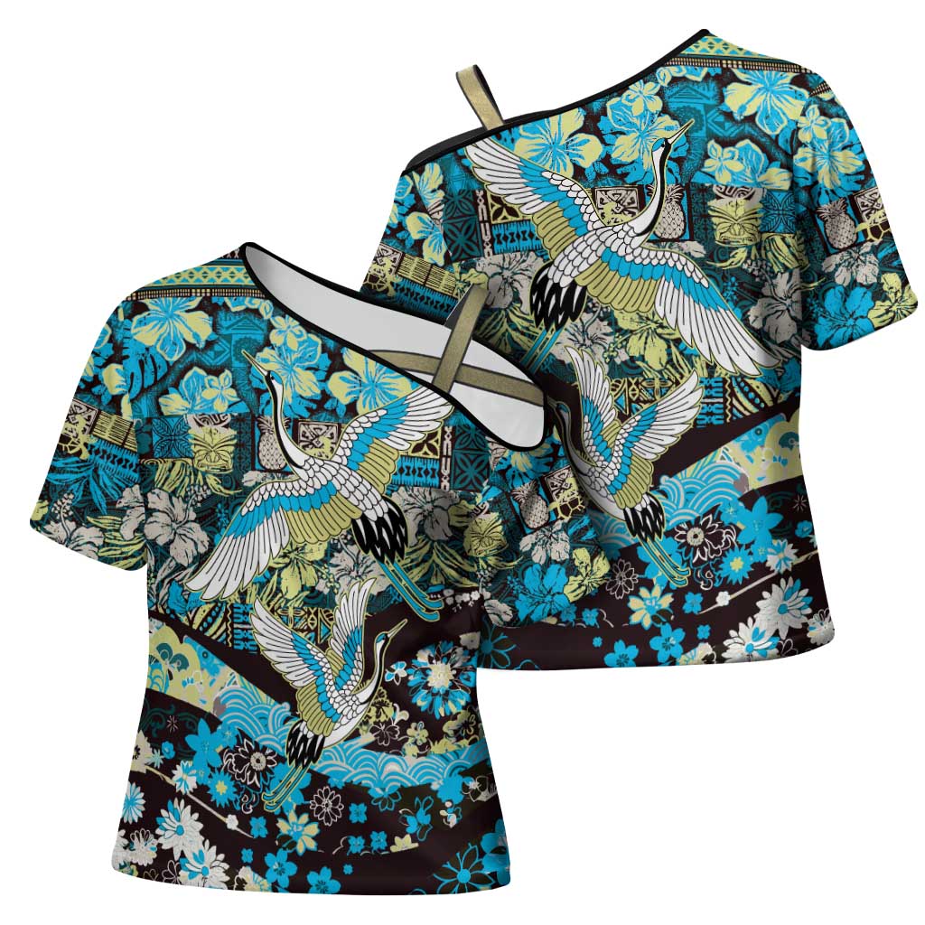 Japanese Hawaiian Crane Cross Shoulder Shirt Blue Tapa Patchwork Pattern