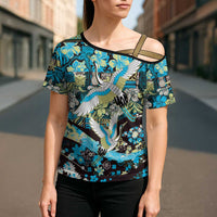 Japanese Hawaiian Crane Cross Shoulder Shirt Blue Tapa Patchwork Pattern