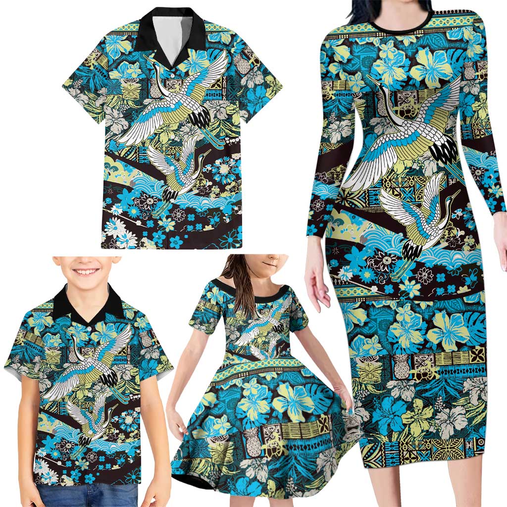 Japanese Hawaiian Crane Family Matching Long Sleeve Bodycon Dress and Hawaiian Shirt Blue Tapa Patchwork Pattern
