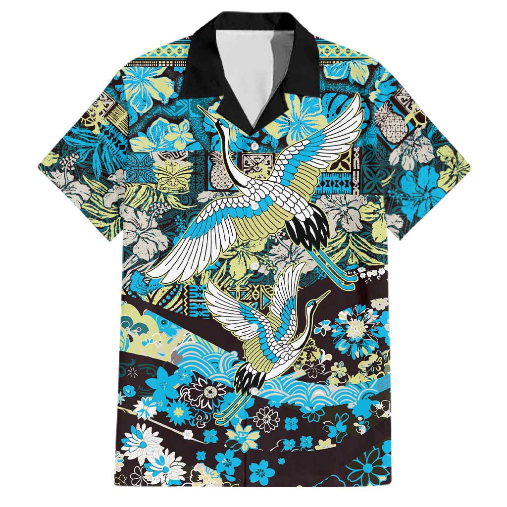 Japanese Hawaiian Crane Family Matching Mermaid Dress and Hawaiian Shirt Blue Tapa Patchwork Pattern