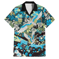 Japanese Hawaiian Crane Family Matching Mermaid Dress and Hawaiian Shirt Blue Tapa Patchwork Pattern