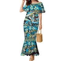 Japanese Hawaiian Crane Family Matching Mermaid Dress and Hawaiian Shirt Blue Tapa Patchwork Pattern