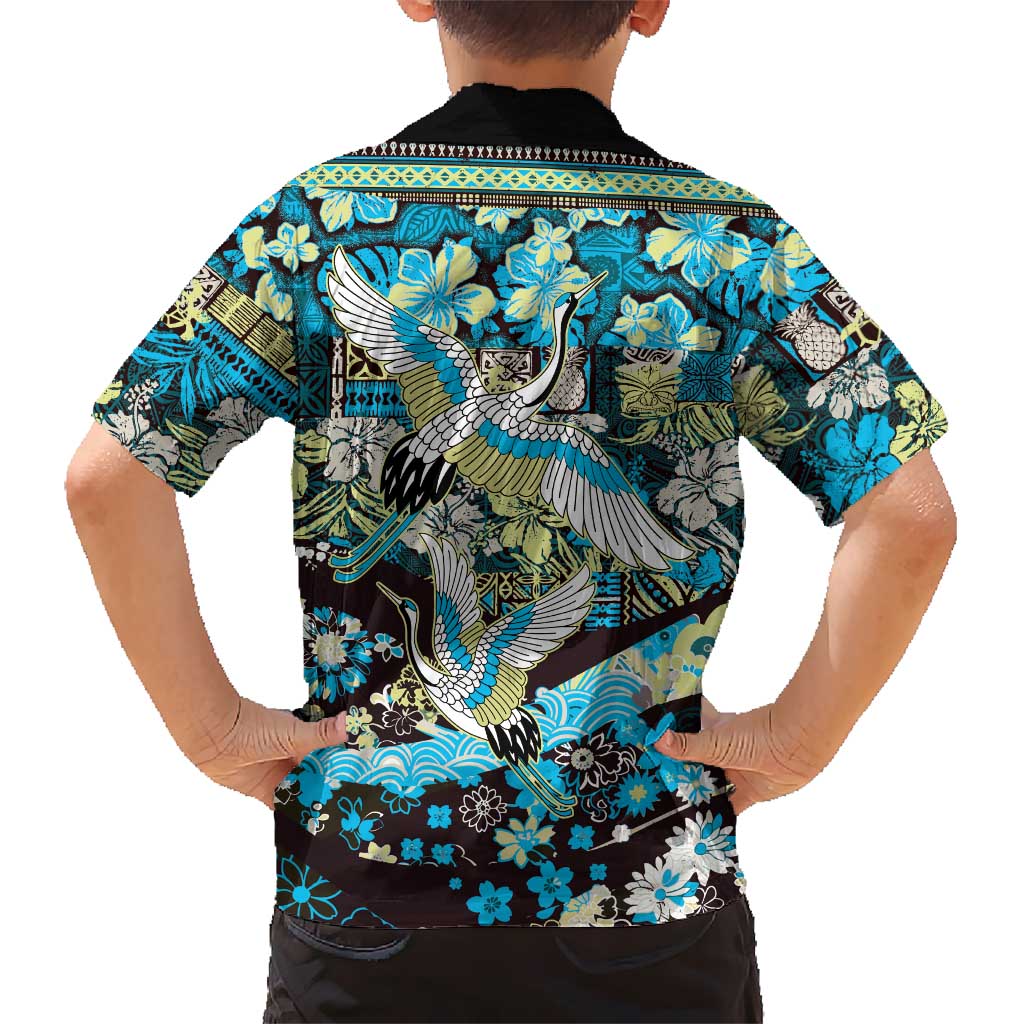 Japanese Hawaiian Crane Family Matching Off Shoulder Maxi Dress and Hawaiian Shirt Blue Tapa Patchwork Pattern