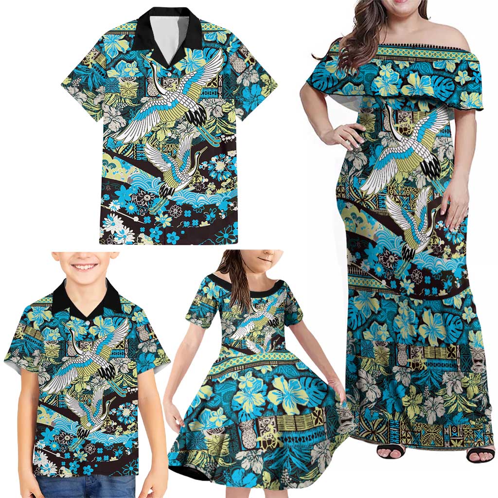 Japanese Hawaiian Crane Family Matching Off Shoulder Maxi Dress and Hawaiian Shirt Blue Tapa Patchwork Pattern