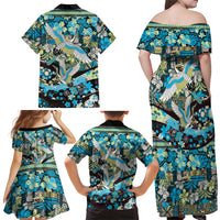 Japanese Hawaiian Crane Family Matching Off Shoulder Maxi Dress and Hawaiian Shirt Blue Tapa Patchwork Pattern