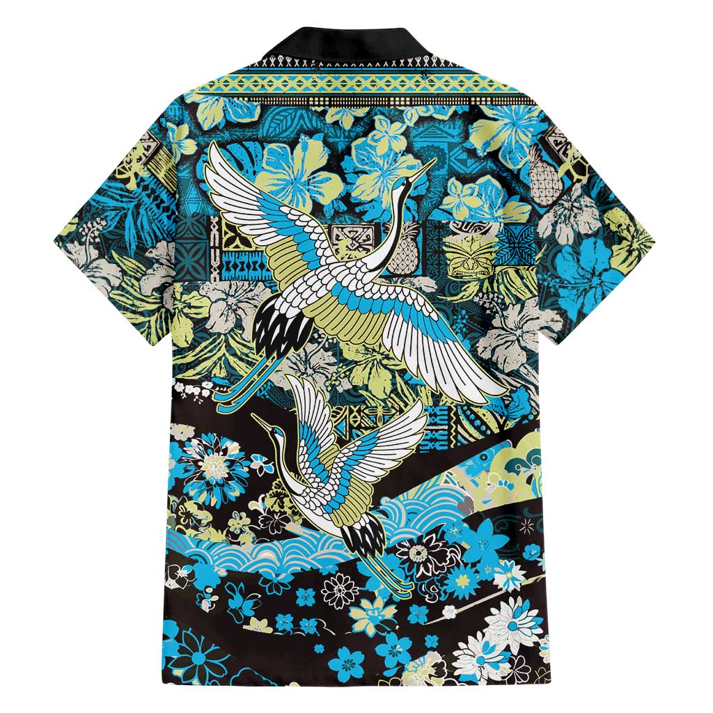 Japanese Hawaiian Crane Family Matching Off Shoulder Maxi Dress and Hawaiian Shirt Blue Tapa Patchwork Pattern