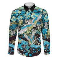 Japanese Hawaiian Crane Family Matching Off Shoulder Maxi Dress and Hawaiian Shirt Blue Tapa Patchwork Pattern
