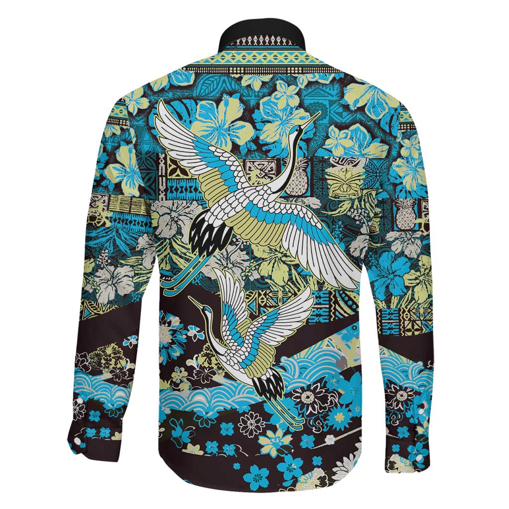 Japanese Hawaiian Crane Family Matching Off Shoulder Maxi Dress and Hawaiian Shirt Blue Tapa Patchwork Pattern