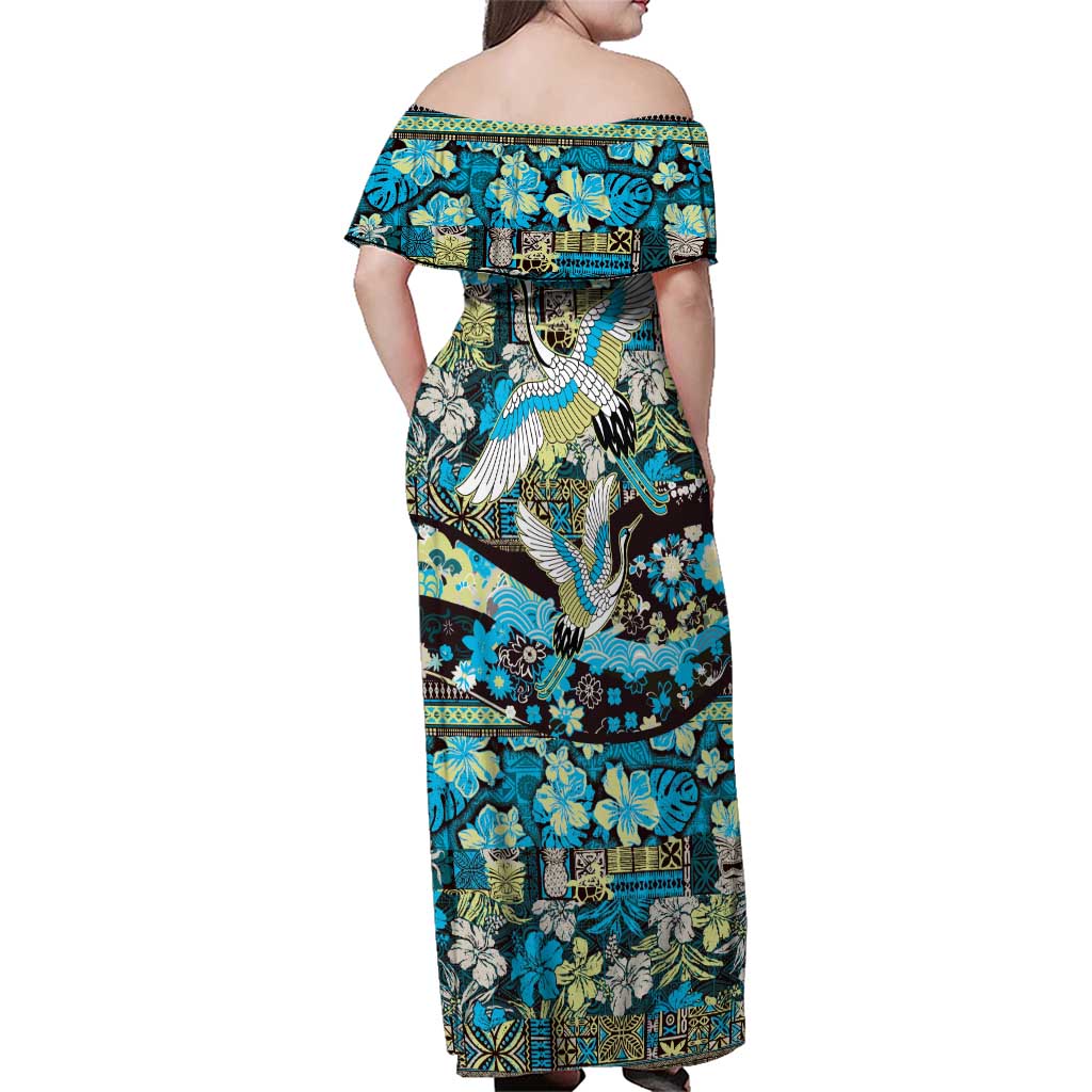 Japanese Hawaiian Crane Family Matching Off Shoulder Maxi Dress and Hawaiian Shirt Blue Tapa Patchwork Pattern