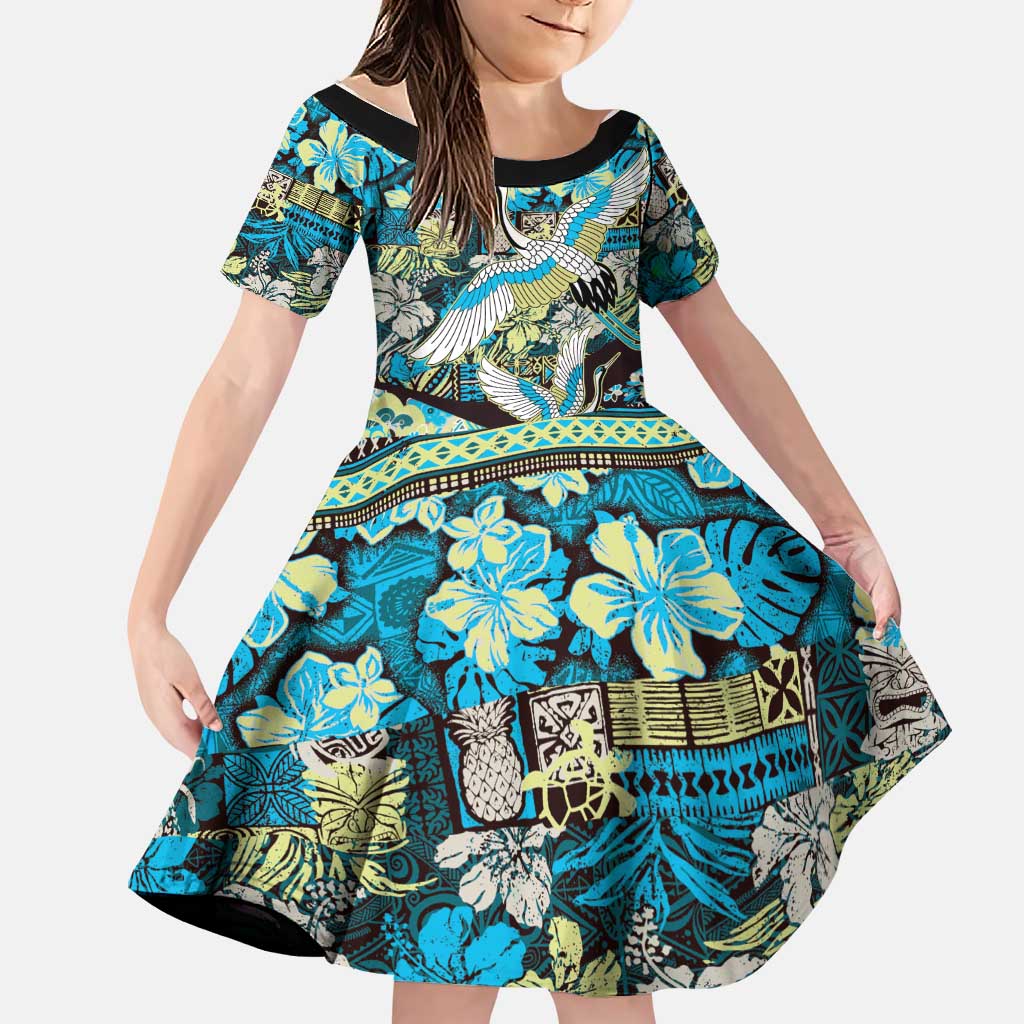Japanese Hawaiian Crane Family Matching Off Shoulder Short Dress and Hawaiian Shirt Blue Tapa Patchwork Pattern