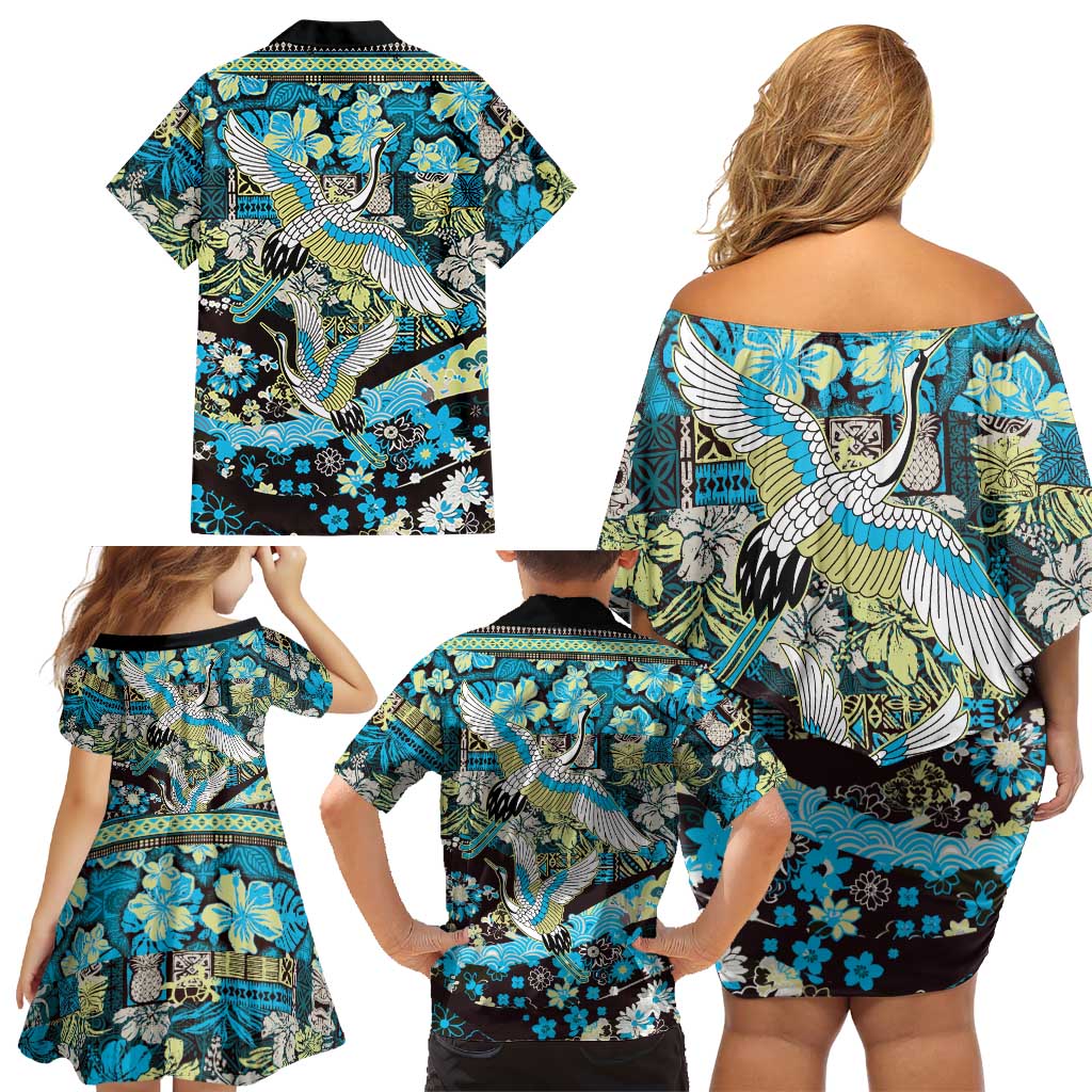 Japanese Hawaiian Crane Family Matching Off Shoulder Short Dress and Hawaiian Shirt Blue Tapa Patchwork Pattern