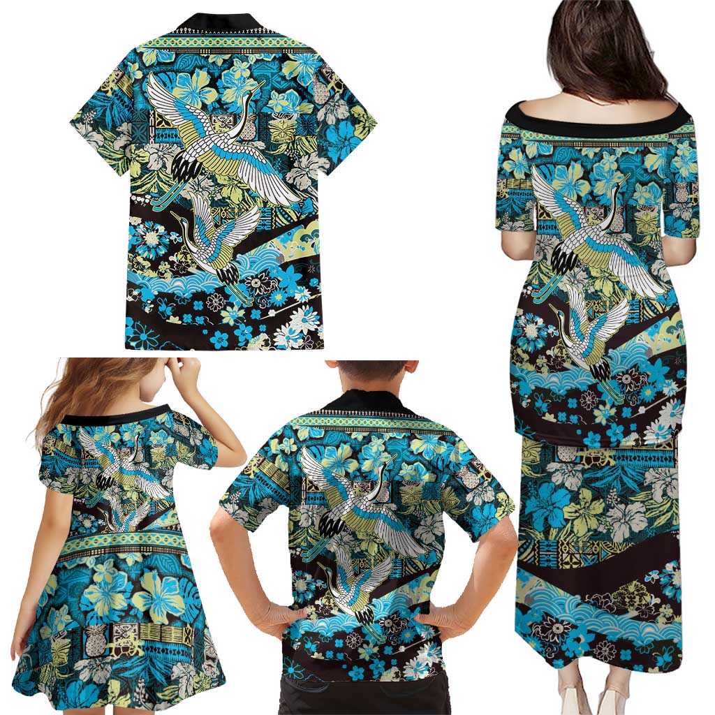 Japanese Hawaiian Crane Family Matching Puletasi and Hawaiian Shirt Blue Tapa Patchwork Pattern
