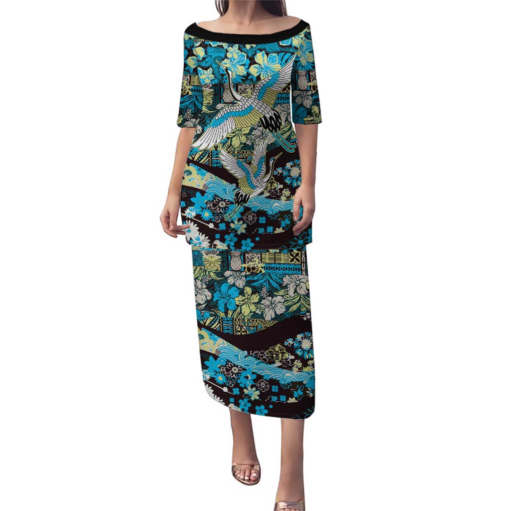 Japanese Hawaiian Crane Family Matching Puletasi and Hawaiian Shirt Blue Tapa Patchwork Pattern