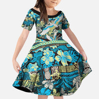 Japanese Hawaiian Crane Family Matching Short Sleeve Bodycon Dress and Hawaiian Shirt Blue Tapa Patchwork Pattern