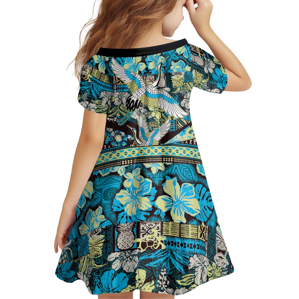 Japanese Hawaiian Crane Family Matching Short Sleeve Bodycon Dress and Hawaiian Shirt Blue Tapa Patchwork Pattern