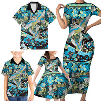 Japanese Hawaiian Crane Family Matching Short Sleeve Bodycon Dress and Hawaiian Shirt Blue Tapa Patchwork Pattern