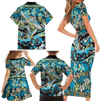 Japanese Hawaiian Crane Family Matching Short Sleeve Bodycon Dress and Hawaiian Shirt Blue Tapa Patchwork Pattern